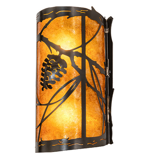 Meyda Lighting Whispering Pines 8" 2-Light Exterior Oil Rubbed Bronze Right Wall Sconce With Amber Mica Shade Glass