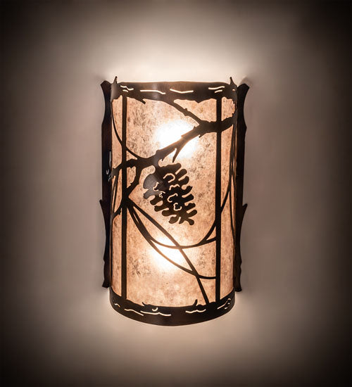 Meyda Lighting Whispering Pines 8" 2-Light Light Burnished Antique Copper Wall Sconce With Silver Mica Shade Glass