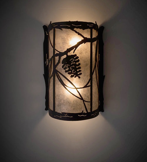 Meyda Lighting Whispering Pines 8" 2-Light Satin Black Wrought Iron Left Wall Sconce With Silver Mica Shade Glass