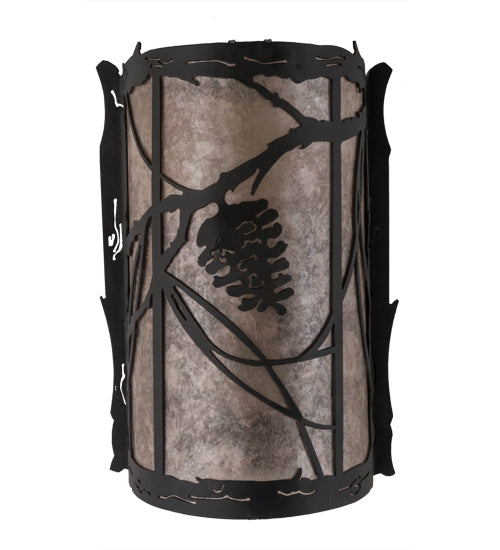 Meyda Lighting Whispering Pines 8" 2-Light Satin Black Wrought Iron Left Wall Sconce With Silver Mica Shade Glass