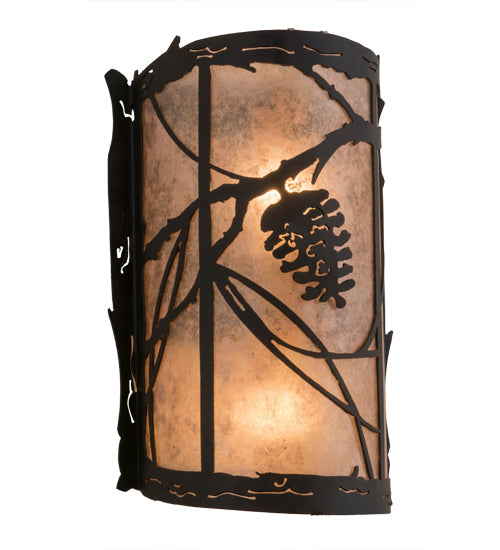 Meyda Lighting Whispering Pines 8" 2-Light Satin Black Wrought Iron Left Wall Sconce With Silver Mica Shade Glass