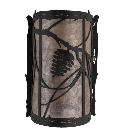 Meyda Lighting Whispering Pines 8" 2-Light Satin Black Wrought Iron Right Wall Sconce With Silver Mica Shade Glass