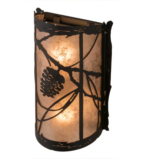 Meyda Lighting Whispering Pines 8" 2-Light Satin Black Wrought Iron Right Wall Sconce With Silver Mica Shade Glass
