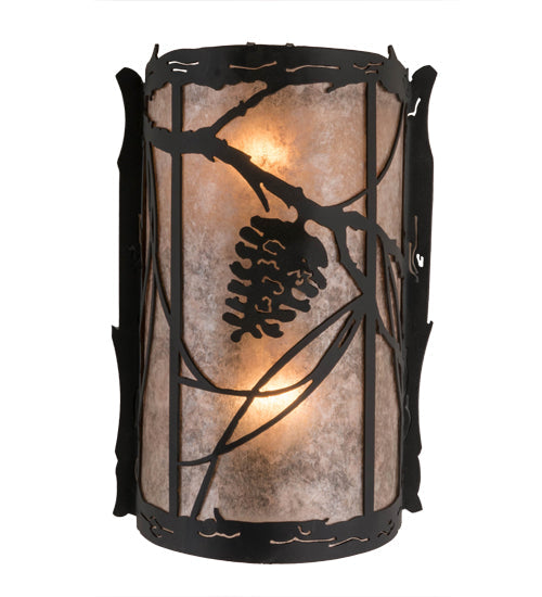 Meyda Lighting Whispering Pines 8" 2-Light Satin Black Wrought Iron Right Wall Sconce With Silver Mica Shade Glass