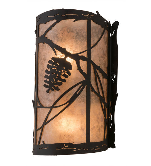 Meyda Lighting Whispering Pines 8" 2-Light Satin Black Wrought Iron Right Wall Sconce With Silver Mica Shade Glass