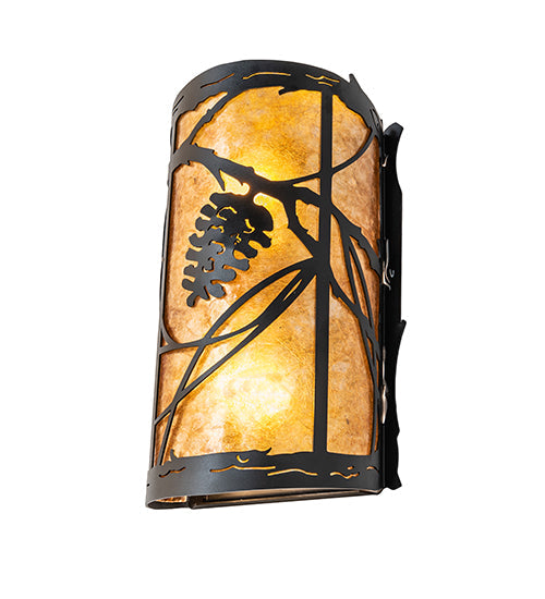 Meyda Lighting Whispering Pines 8" 2-Light Textured Black Right Wall Sconce With Amber Mica Shade Glass