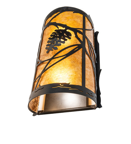 Meyda Lighting Whispering Pines 8" 2-Light Textured Black Right Wall Sconce With Amber Mica Shade Glass