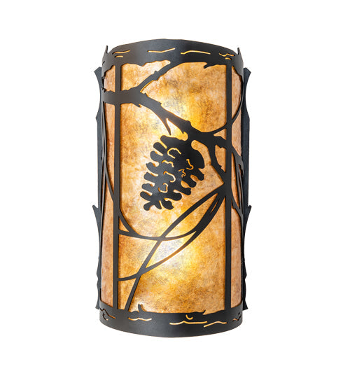 Meyda Lighting Whispering Pines 8" 2-Light Textured Black Right Wall Sconce With Amber Mica Shade Glass