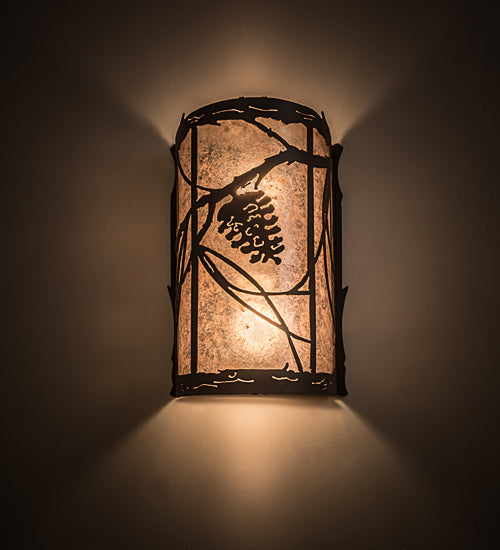 Meyda Lighting Whispering Pines 8" 2-Light Wrought Iron Wall Sconce With Silver Mica Shade Glass