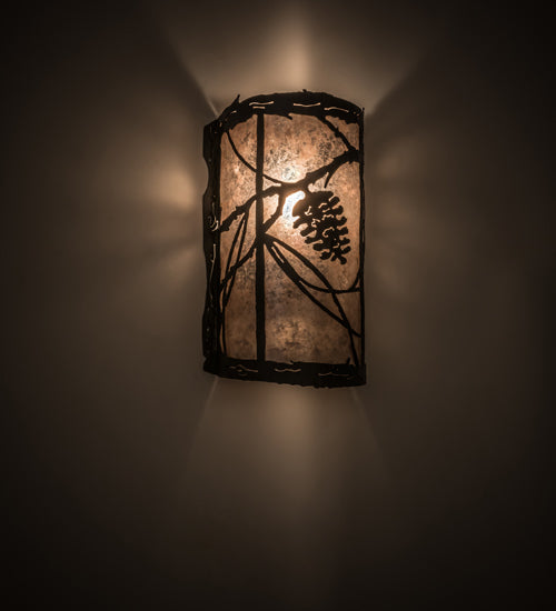 Meyda Lighting Whispering Pines 8" Wrought Iron Left Wall Sconce With Silver Mica Shade Glass