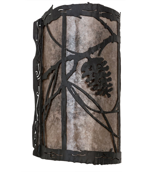 Meyda Lighting Whispering Pines 8" Wrought Iron Left Wall Sconce With Silver Mica Shade Glass