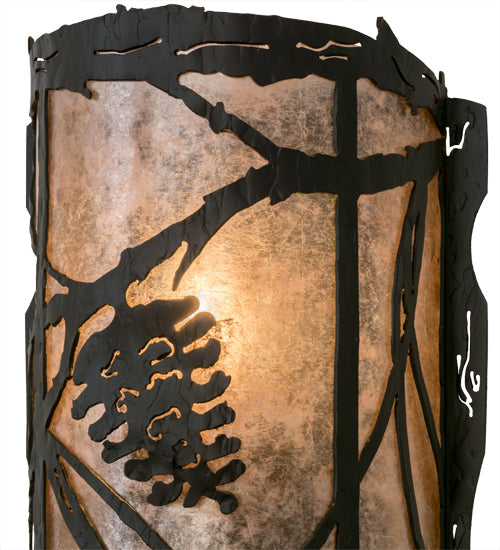 Meyda Lighting Whispering Pines 8" Wrought Iron Left Wall Sconce With Silver Mica Shade Glass