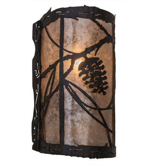 Meyda Lighting Whispering Pines 8" Wrought Iron Left Wall Sconce With Silver Mica Shade Glass