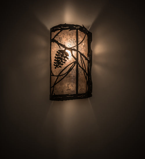 Meyda Lighting Whispering Pines 8" Wrought Iron Right Wall Sconce With Silver Mica Shade Glass