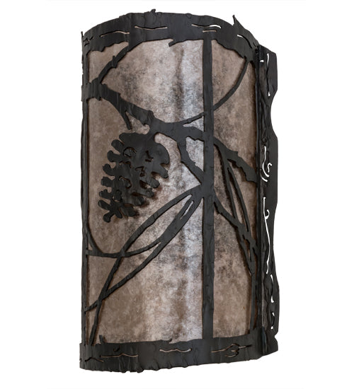 Meyda Lighting Whispering Pines 8" Wrought Iron Right Wall Sconce With Silver Mica Shade Glass