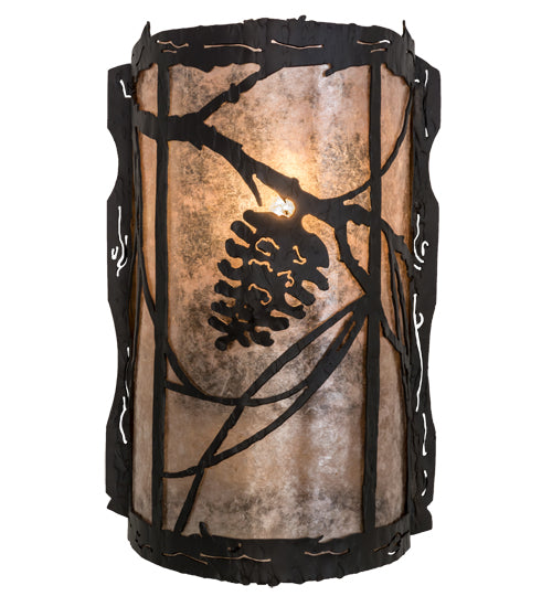 Meyda Lighting Whispering Pines 8" Wrought Iron Right Wall Sconce With Silver Mica Shade Glass