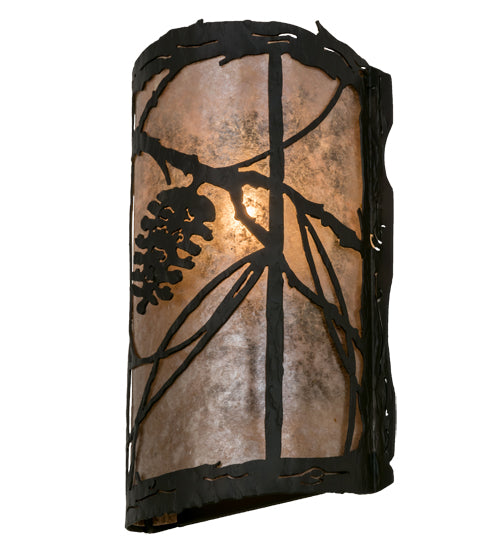 Meyda Lighting Whispering Pines 8" Wrought Iron Right Wall Sconce With Silver Mica Shade Glass