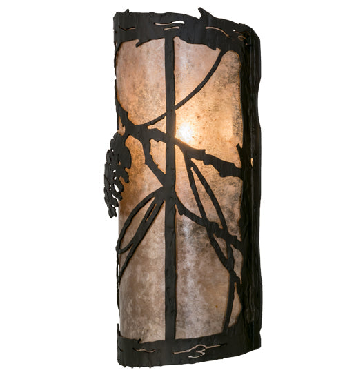 Meyda Lighting Whispering Pines 8" Wrought Iron Right Wall Sconce With Silver Mica Shade Glass