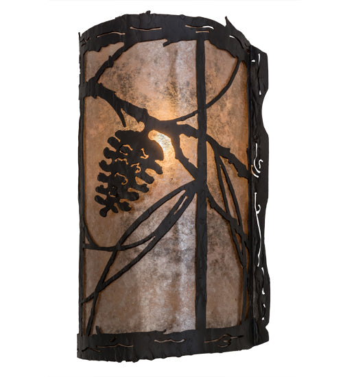 Meyda Lighting Whispering Pines 8" Wrought Iron Right Wall Sconce With Silver Mica Shade Glass