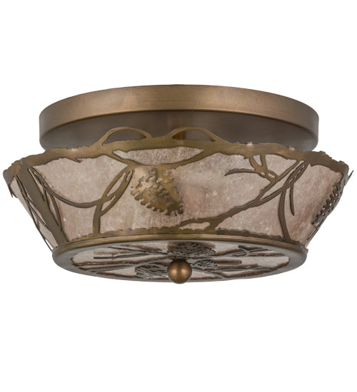 Meyda Lighting Whispering Pines 82538 12" 2-Light Antique Copper Flush Mount Light With Silver Mica Shade Glass