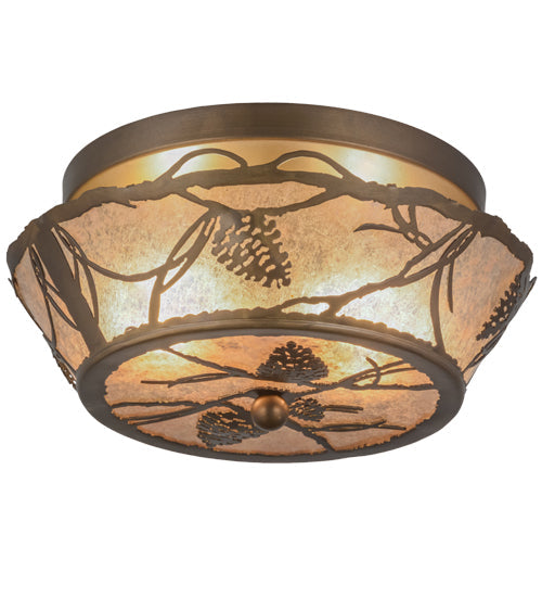 Meyda Lighting Whispering Pines 82538 12" 2-Light Antique Copper Flush Mount Light With Silver Mica Shade Glass