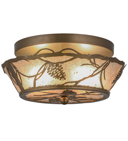 Meyda Lighting Whispering Pines 82538 12" 2-Light Antique Copper Flush Mount Light With Silver Mica Shade Glass