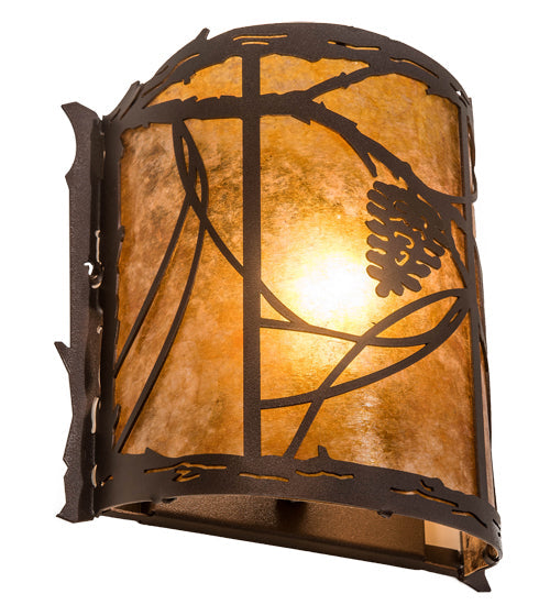 Meyda Lighting Whispering Pines 9" Mahogany Bronze Right Wall Sconce With Amber Mica Shade Glass