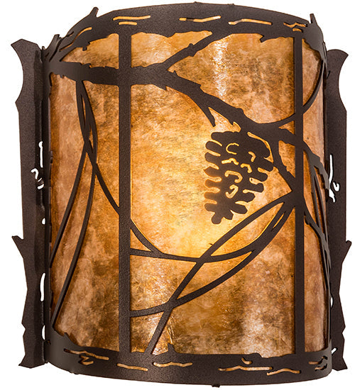 Meyda Lighting Whispering Pines 9" Mahogany Bronze Right Wall Sconce With Amber Mica Shade Glass