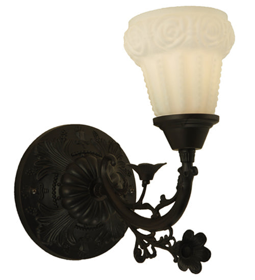 Meyda Lighting White Puffy Rose 7" Mahogany Bronze Wall Sconce With White Satin Art Shade Glass