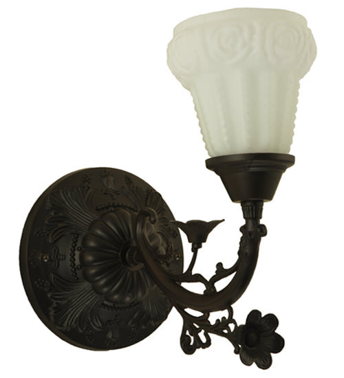 Meyda Lighting White Puffy Rose 7" Mahogany Bronze Wall Sconce With White Satin Art Shade Glass