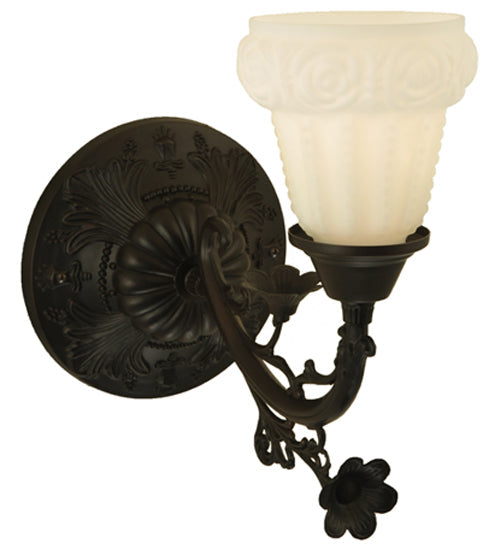 Meyda Lighting White Puffy Rose 7" Mahogany Bronze Wall Sconce With White Satin Art Shade Glass