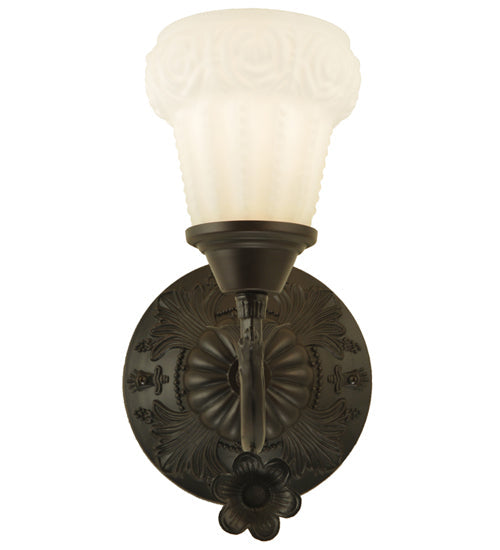 Meyda Lighting White Puffy Rose 7" Mahogany Bronze Wall Sconce With White Satin Art Shade Glass