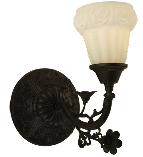 Meyda Lighting White Puffy Rose 7" Mahogany Bronze Wall Sconce With White Satin Art Shade Glass