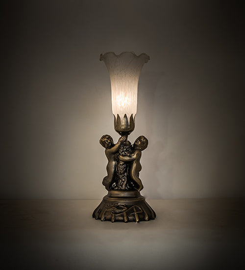 Meyda Lighting White Tiffany Pond Lily 13" Antique Brass Twin Cherub Table Lamp With White Shade Glass