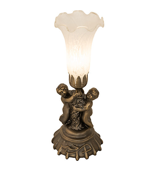 Meyda Lighting White Tiffany Pond Lily 13" Antique Brass Twin Cherub Table Lamp With White Shade Glass