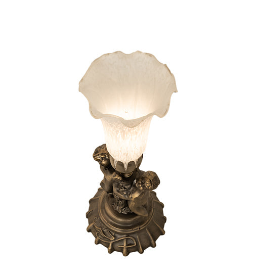 Meyda Lighting White Tiffany Pond Lily 13" Antique Brass Twin Cherub Table Lamp With White Shade Glass
