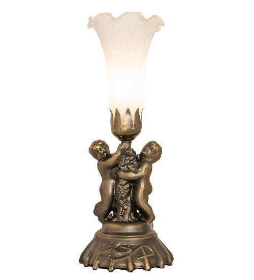 Meyda Lighting White Tiffany Pond Lily 13" Antique Brass Twin Cherub Table Lamp With White Shade Glass