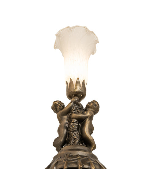 Meyda Lighting White Tiffany Pond Lily 13" Antique Brass Twin Cherub Table Lamp With White Shade Glass