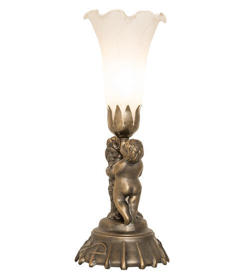 Meyda Lighting White Tiffany Pond Lily 13" Antique Brass Twin Cherub Table Lamp With White Shade Glass