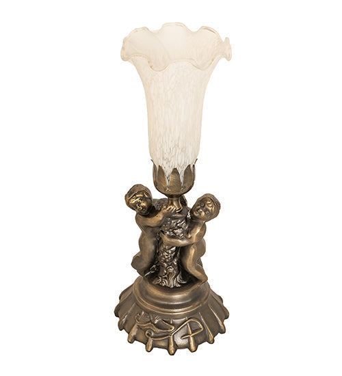Meyda Lighting White Tiffany Pond Lily 13" Antique Brass Twin Cherub Table Lamp With White Shade Glass