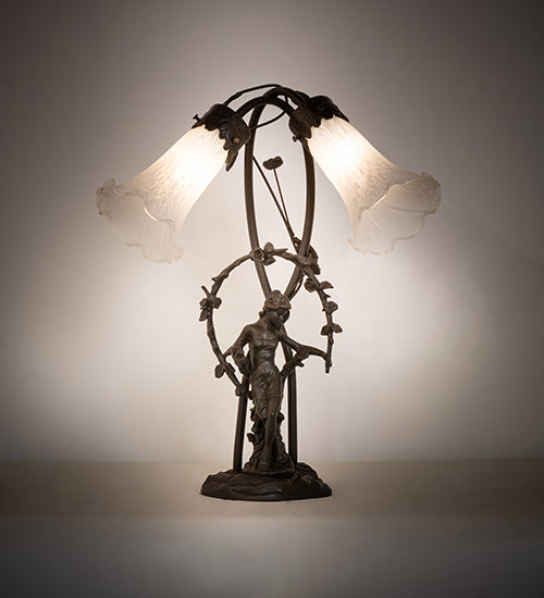Meyda Lighting White Tiffany Pond Lily 17" 2-Light Mahogany Bronze Trellis Girl Table Lamp With White Shade Glass