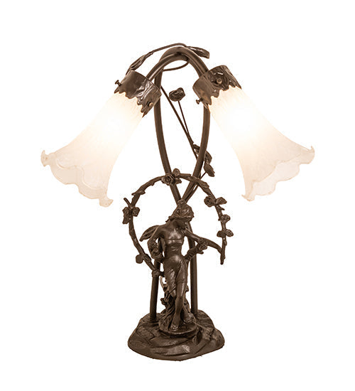 Meyda Lighting White Tiffany Pond Lily 17" 2-Light Mahogany Bronze Trellis Girl Table Lamp With White Shade Glass