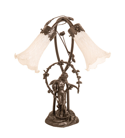 Meyda Lighting White Tiffany Pond Lily 17" 2-Light Mahogany Bronze Trellis Girl Table Lamp With White Shade Glass