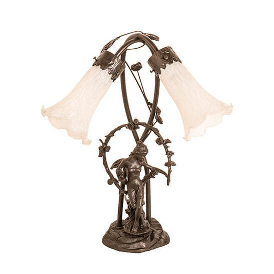 Meyda Lighting White Tiffany Pond Lily 17" 2-Light Mahogany Bronze Trellis Girl Table Lamp With White Shade Glass
