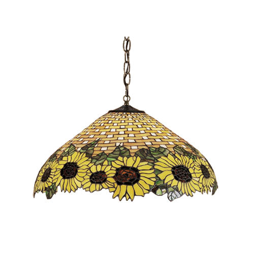 Meyda Lighting Wicker Sunflower 22" 3-Light Mahogany Bronze Pendant Light With Multi-Colored Shade Glass