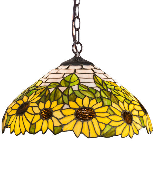 Meyda Lighting Wild Sunflower 16" 2-Light Mahogany Bronze Pendant Light With Stained Shade Glass