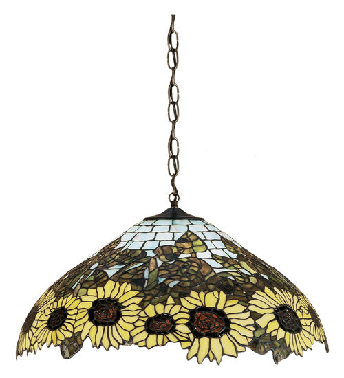 Meyda Lighting Wild Sunflower 22" 3-Light Mahogany Bronze Pendant Light With Multi-Colored Shade Glass