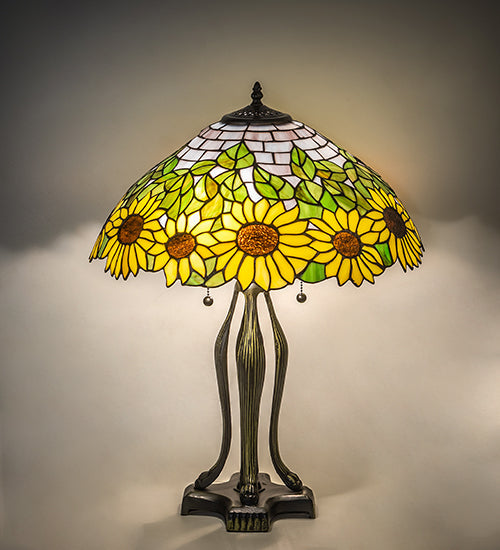 Meyda Lighting Wild Sunflower 25" 2-Light Antique Brass Table Lamp With Sunflower Shade Glass