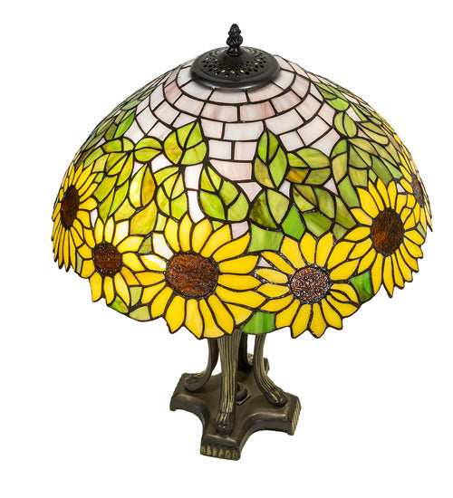 Meyda Lighting Wild Sunflower 25" 2-Light Antique Brass Table Lamp With Sunflower Shade Glass