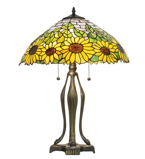 Meyda Lighting Wild Sunflower 25" 2-Light Antique Brass Table Lamp With Sunflower Shade Glass